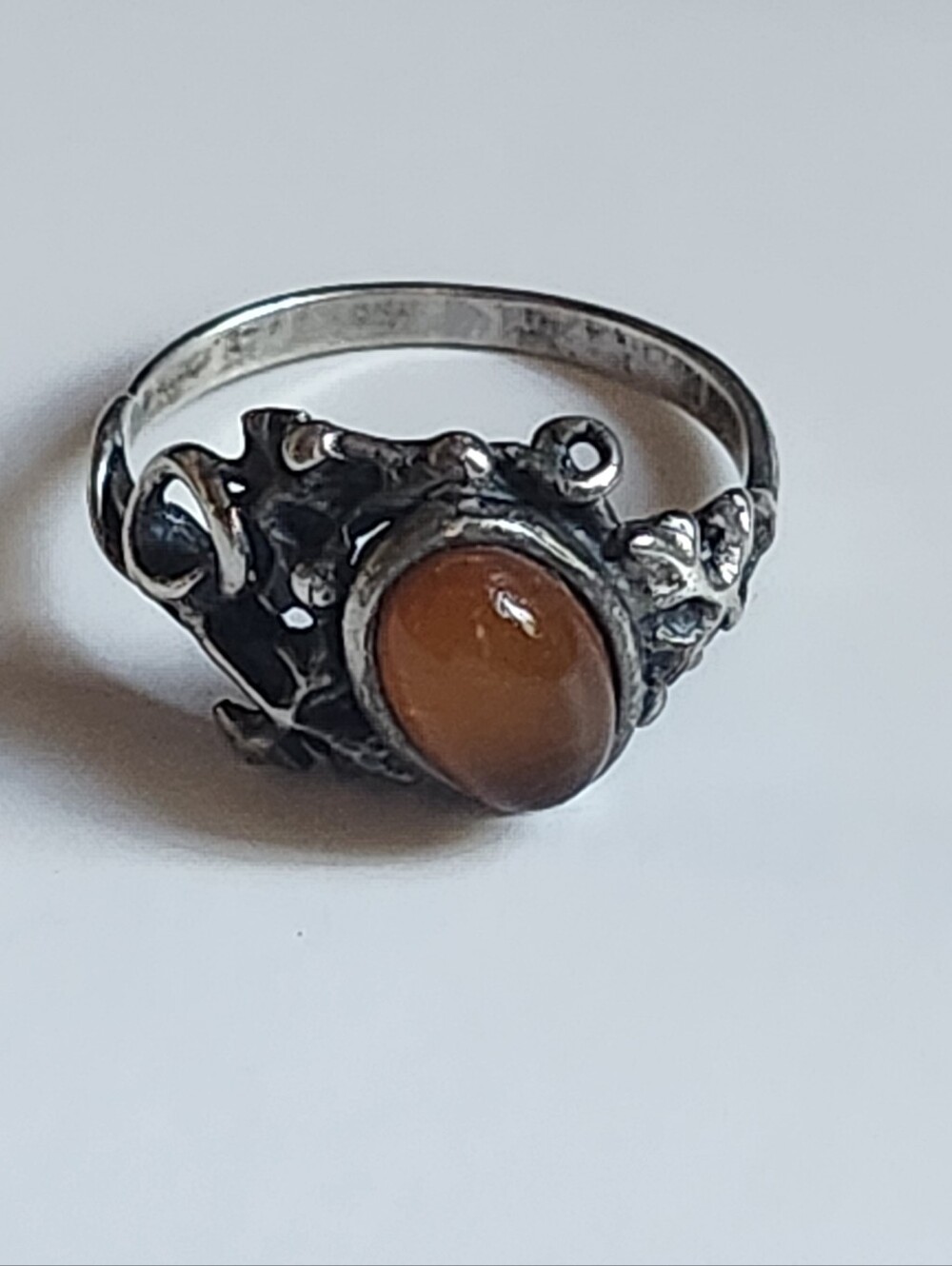 Vtg Organic Silver Fischland Style Ring With Amber Cabochon